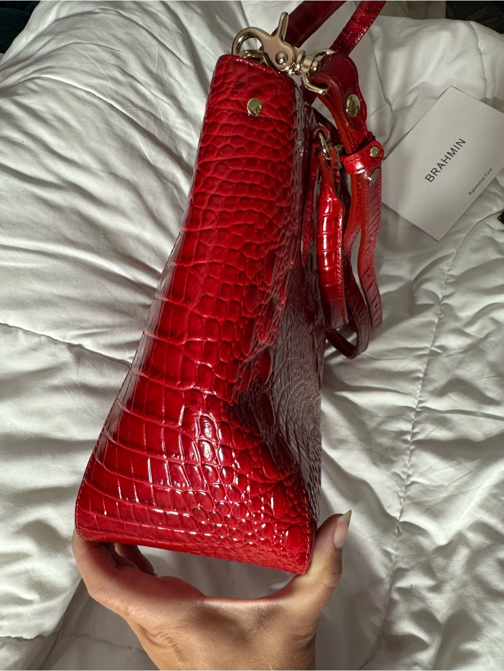 Brahmin Glossy Red Croc-Embossed Satchel with Gold Accents - Picture 6 of 6
